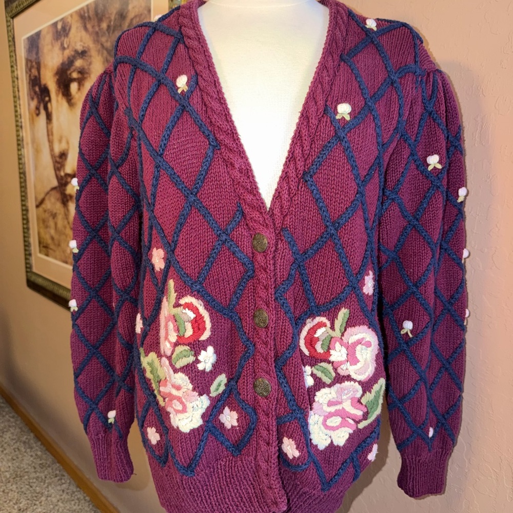 RARE Marisa Christina Collection Plum Floral Cardigan Knitted by Hand M/L